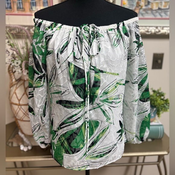 WHITE HOUSE BLACK MARKET PALM PRINT OFF THE SHOULDER HALTER PEASANT BLOUSE SZ M - Picture 5 of 11